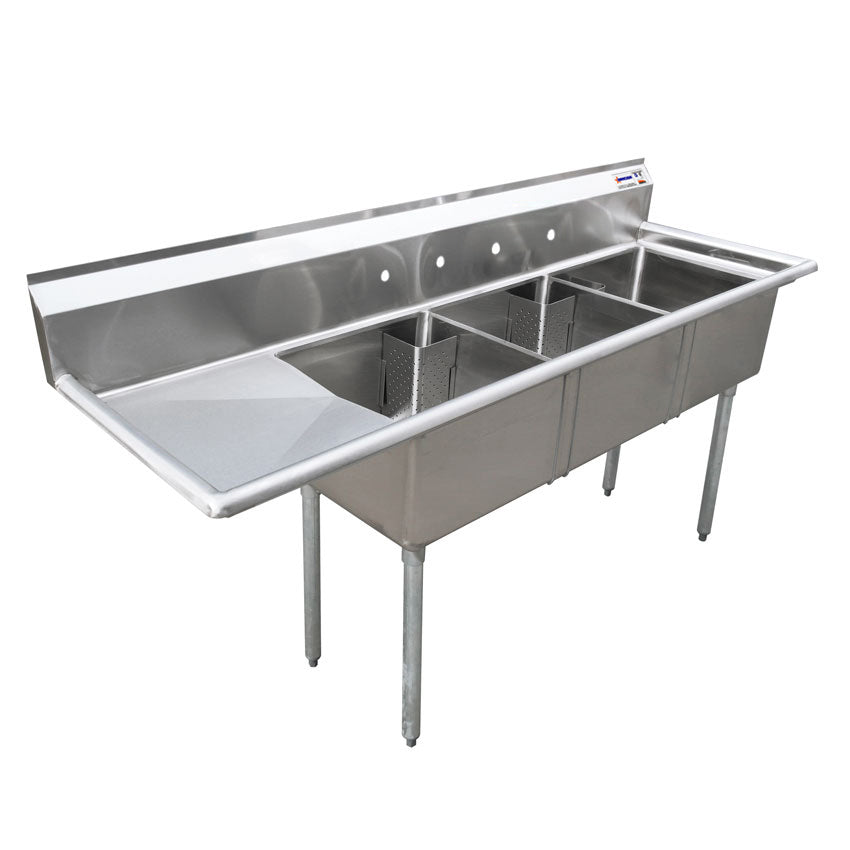 Évier 3 cuves Omcan 24 x 24 x 14 po – drain de coin avec égouttoir gauche – 25259