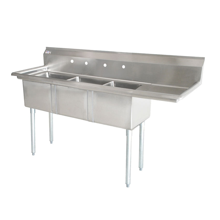 THREE TUB SINK WITH CORNER DRAIN WITH RIGHT DRAIN BOARD