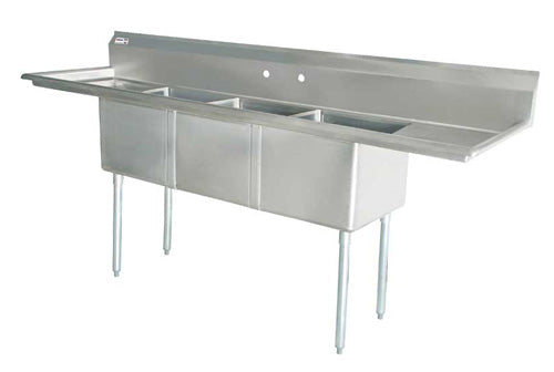 THREE TUB SINK  WITH CORNER DRAIN WITH TWO DRAIN BOARD
