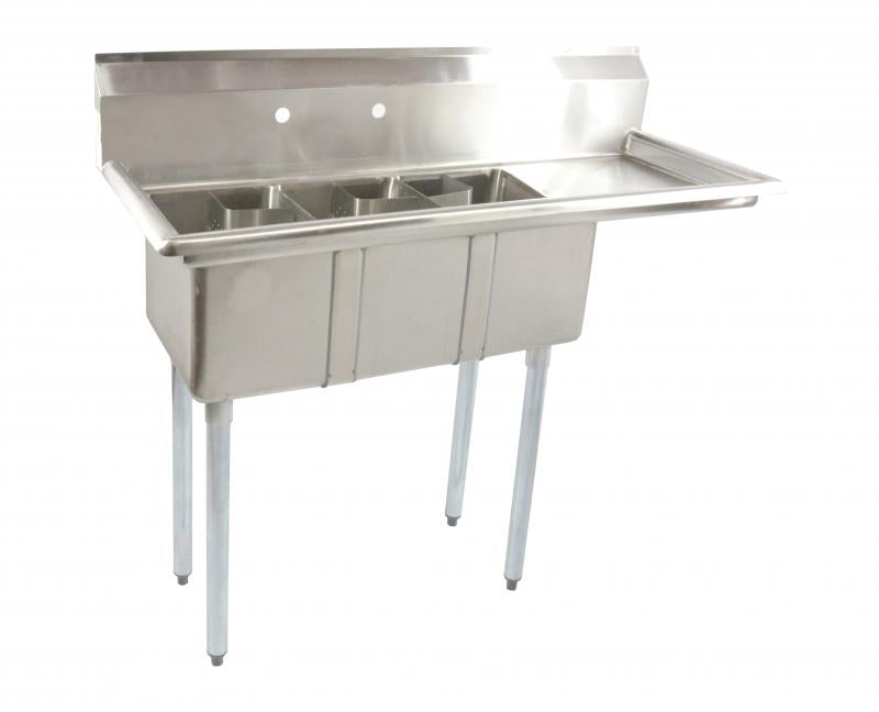 THREE TUB SINK WITH 16 RIGHT DRAIN BOARD WITH CORNER DRAIN