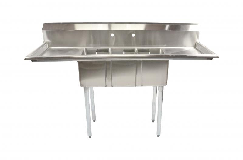 THREE TUB SINK WITH 16 LEFT/RIGHT DRAIN BOARDS WITH CORNER DRAIN